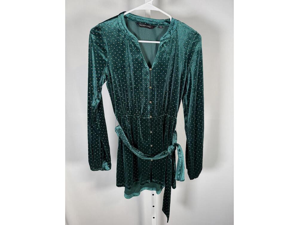 NWT Colleen Lopez Green Velvet Studded Belted Peplum Blouse Size XXS - Picture 2 of 6